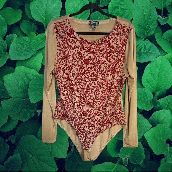 5 for $25🔥Forever 21+ Red Velvet & Tan Sheer Bodysuit 3X - Picture 1 of 8